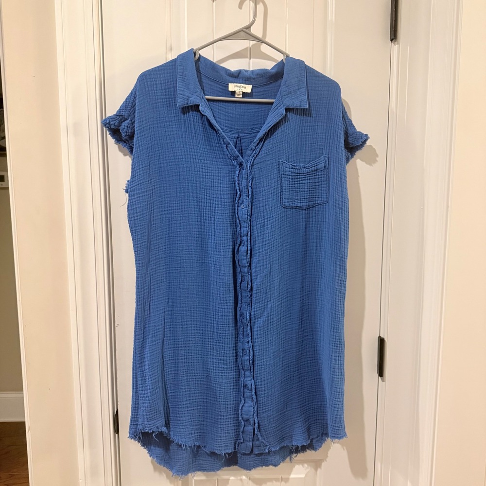 Umgee Blue Cotton Gauze Raw Hem Button Down Shirt Dress A6841 Small